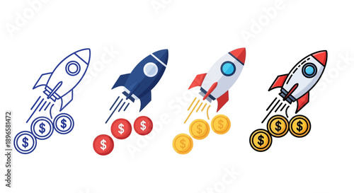Vector illustration of rockets with currency symbols launching upwards, representing financial growth and investment opportunities in a digital economy