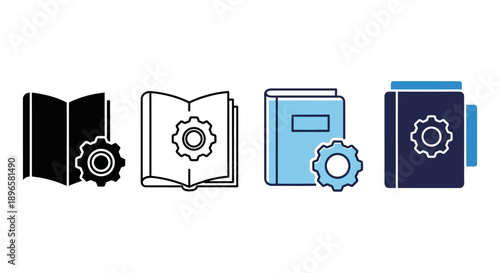 Collection of book icons with gear symbols on covers displayed in a row