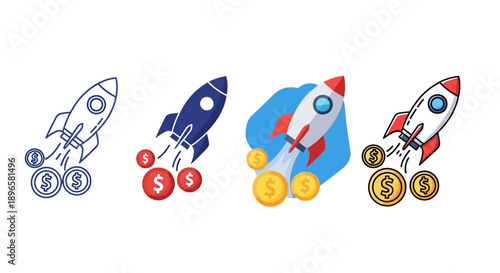 Various colorful rockets launching with currency symbols and coins in a graphic illustration