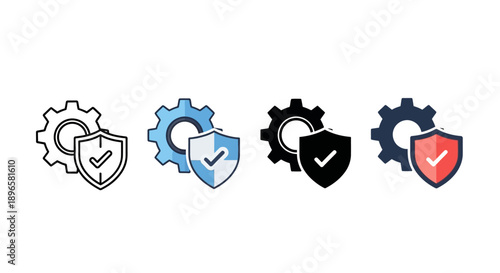 Set of security icons featuring shields and gears in various colors on a neutral background, illustrating the integration of protection and technology in a modern setting.