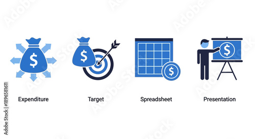 Collection of financial icons including money bag, target, spreadsheet, and presentation displayed on a clean white background from a straightforward viewpoint