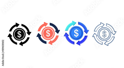 Collection of monetary transaction icons in various styles and colors presented in a mix sheet format for financial and business applications