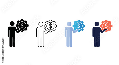 A collection of icons depicting people interacting with financial and mechanical elements in various colors, presented in a mix sheet format, showcasing diverse graphical representations.