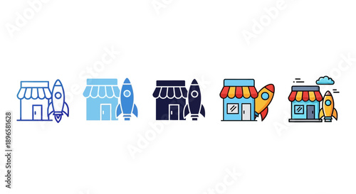 Collection of colorful shop icons in a row, showcasing various storefronts and business establishments in a modern urban setting viewed from the front