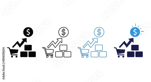Shopping Cart Icons with Dollar Signs and Graphs Representing E-commerce Growth