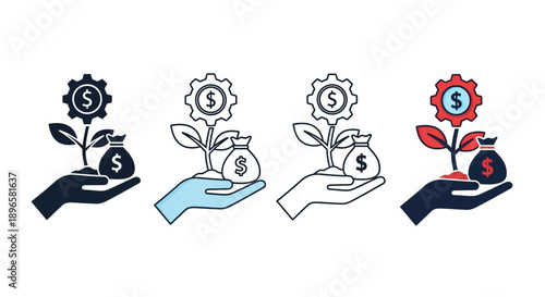 Various hands holding money plant icons in different styles and colors, showcasing financial growth