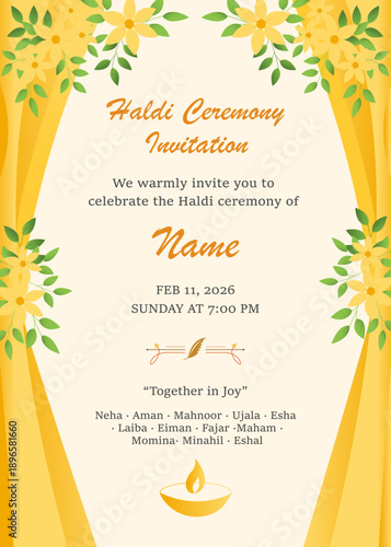 Minimal Haldi ceremony invitation card with soft yellow draped shapes, clean typography, and a modern traditional look, perfect for wedding celebrations.