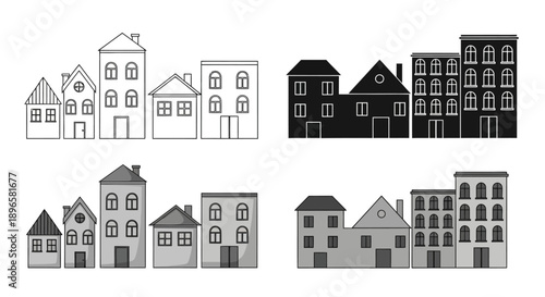 Collection of assorted house icons in various styles and shades displayed together on a sheet