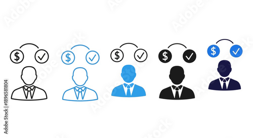 Collection of diverse business professionals with icons indicating approval and financial transactions in a vector illustration