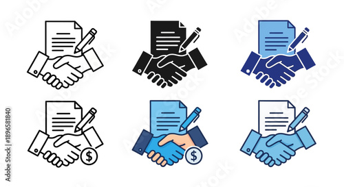 Collection of handshake icons with documents and currency symbols in various styles