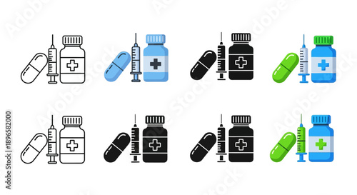 Collection of medical icons featuring various medicine bottles, pills, and syringes in different styles and colors