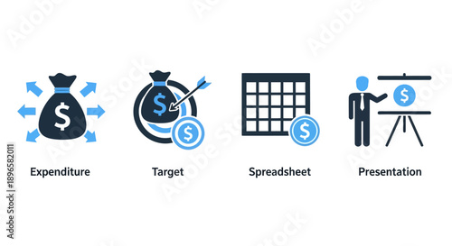 Business icons mix sheet featuring expenditure, target, spreadsheet, and presentation graphics