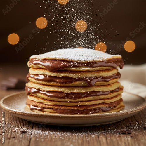 Wallpaper Mural Stack of pancakes layered with melted chocolate and dusted with powdered sugar. Cozy dessert food photography with warm light, festive bokeh background and rich sweet texture. Torontodigital.ca