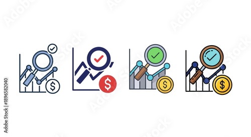 Financial analysis icons set with graphs and currency symbols in a modern flat design style for business and finance applications