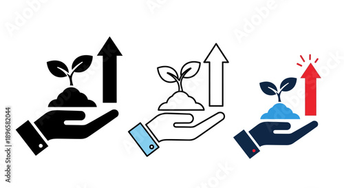 Hand nurturing a growing plant with rising arrow icons in various styles and colors, depicting growth and progress