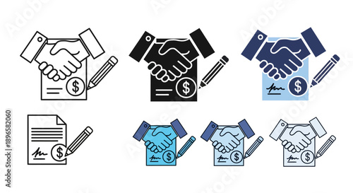 Collection of handshake icons with documents and money symbols in various color schemes representing business agreements and financial transactions