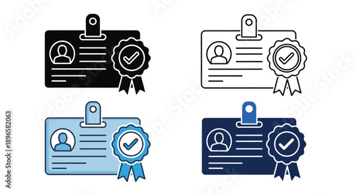 Collection of ID card icons with verification stamps in various color schemes displayed on a clean white background