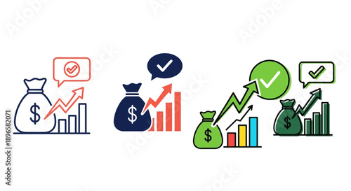 Financial icons mix sheet illustrating various money bags and graphs in a graphical representation of financial trends and analysis
