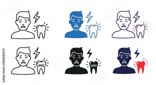 Dental Health Icons Featuring Men with Tooth Pain and Lightning Bolt Symbols in Various Colors