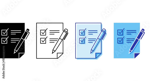 Collection of checklist icons with pens in various colors on a transparent background, icons mix sheet (279).eps