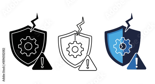 Collection of security shield icons with gear and warning signs in various styles on a neutral background, viewed from a straightforward perspective.