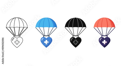 Collection of diverse parachute icons with medical hearts displayed in a row