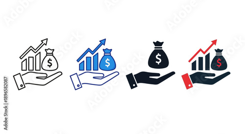 Financial icons mix sheet displaying hands holding money and graphs with upward trends