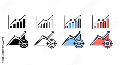 Collection of various graph and chart icons with catapult theme in different colors and styles displayed together