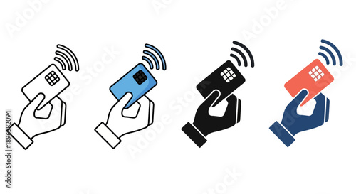 Hands holding various mobile devices with wireless NFC signals emanating, 