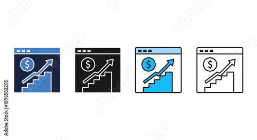 Webpage icons representing financial growth and success displayed in various styles and colors showcasing different design elements for user interface