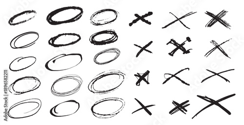Circles and X marks for your notes. Collection of grunge hand drawn elements for checkboxes or lists. validation symbols