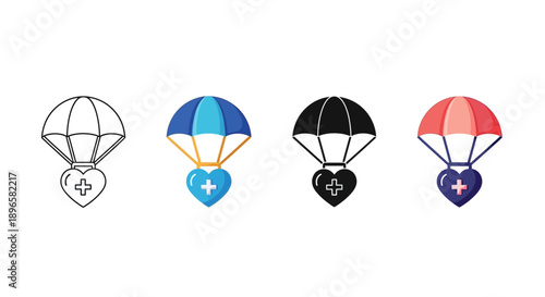 Collection of assorted parachute icons in various colors and designs, mix sheet style, vector illustrations.