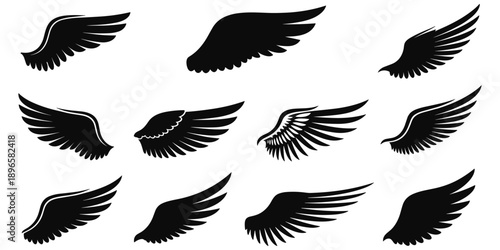 Assortment of twelve black silhouette wing icons in various styles and sizes angel bird