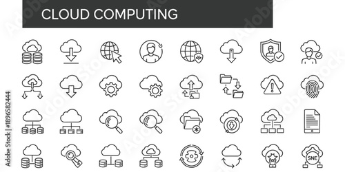 Cloud computing icons for data storage, transfer, and security vector illustration