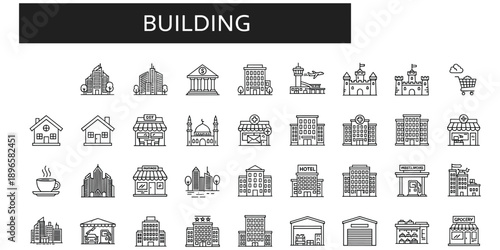 Collection of Building Icons Representing Different Structures and Businesses Keywords: building, architecture, house, home