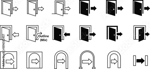 Collection of door and arrow icons representing entry and exit open door closed door