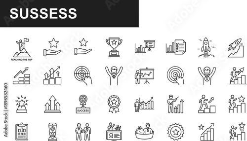 Collection of business success and achievement line art icons on a white background goal target