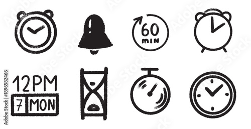 Time and clock icon symbols in grungy style. hourglass and date timer . Emblems for business and web