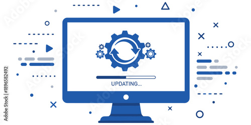 Computer Screen Displaying System Update Progress with Gears and Loading Bar Keywords: computer, screen, monitor, updating