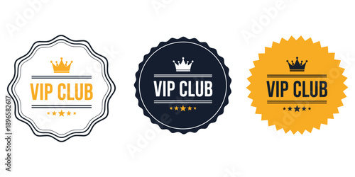 Three VIP club badges with crowns and stars in navy blue and yellow emblem seal