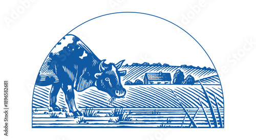 A cow on a Rustic meadow hand drawn village landscape illustration with fields. Beautiful scentic view for milk, cheese farm products. Eco food.