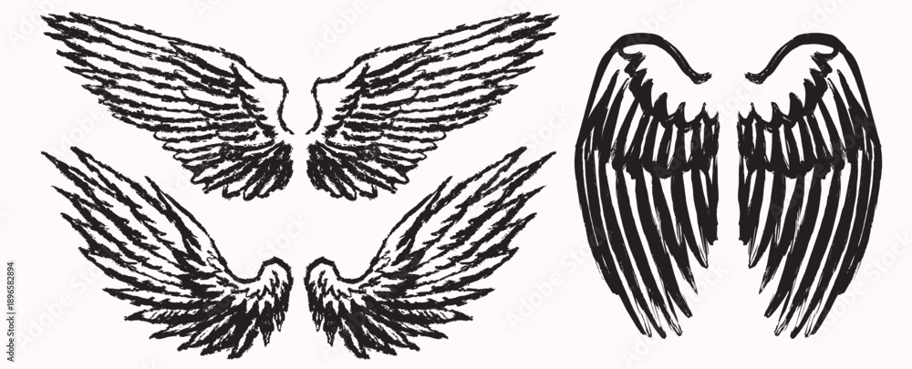 Obraz premium Grunge angel wings. street art style drawing. brush drawn elements. Can be used as bird, devil or creature wings. Symbol of freewill peace and heaven.