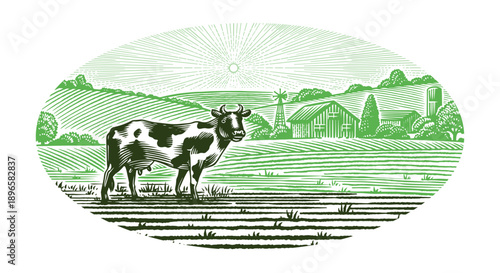 A cow on a Rustic meadow hand drawn village landscape illustration with fields. Beautiful scentic view for milk, cheese farm products. Eco food.