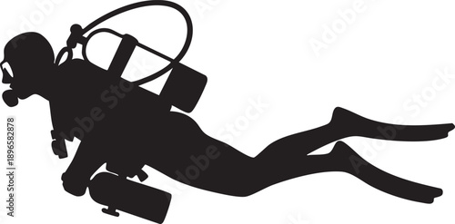 Scuba diver silhouette swimming underwater with full diving gear and oxygen tank, minimalist design style