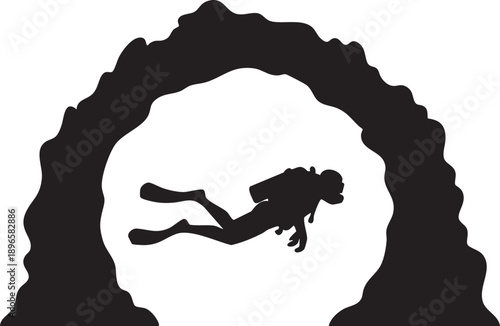 Silhouette of scuba diver exploring underwater cave entrance, minimalist design with bold contrast and dramatic composition