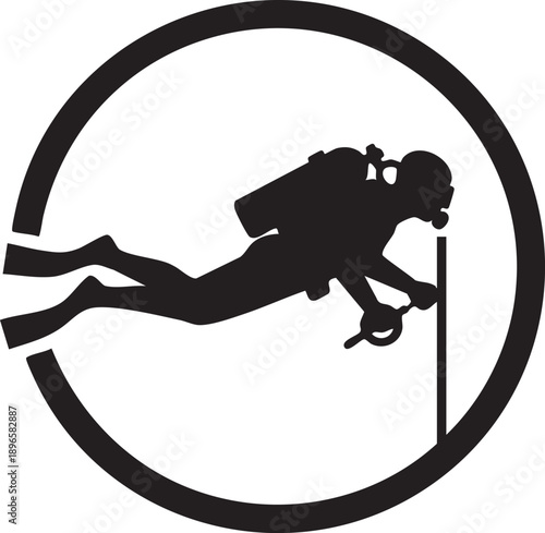 Scuba diver silhouette swimming underwater in circular frame, minimalist design with bold black outline