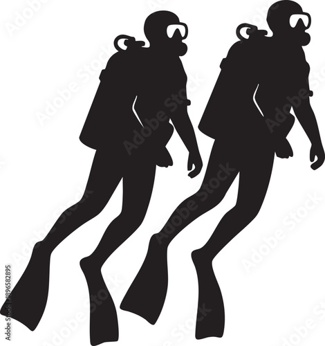 Silhouette of two scuba divers in full diving gear with masks and flippers, minimalist design, isolated on white background