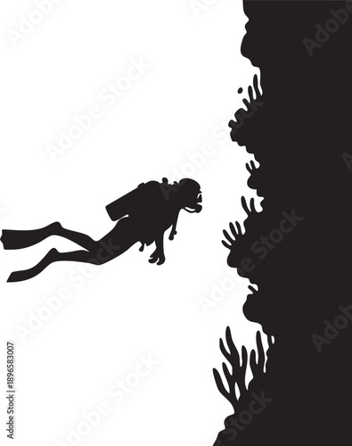 Silhouette of scuba diver exploring underwater reef with coral details, minimalist black and white design