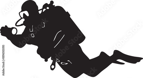 Scuba diver silhouette in dynamic underwater motion, minimalist design with clean, bold outlines for modern graphics