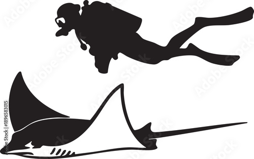 Scuba diver exploring underwater with manta ray silhouette, minimalist black and white design for ocean themes
